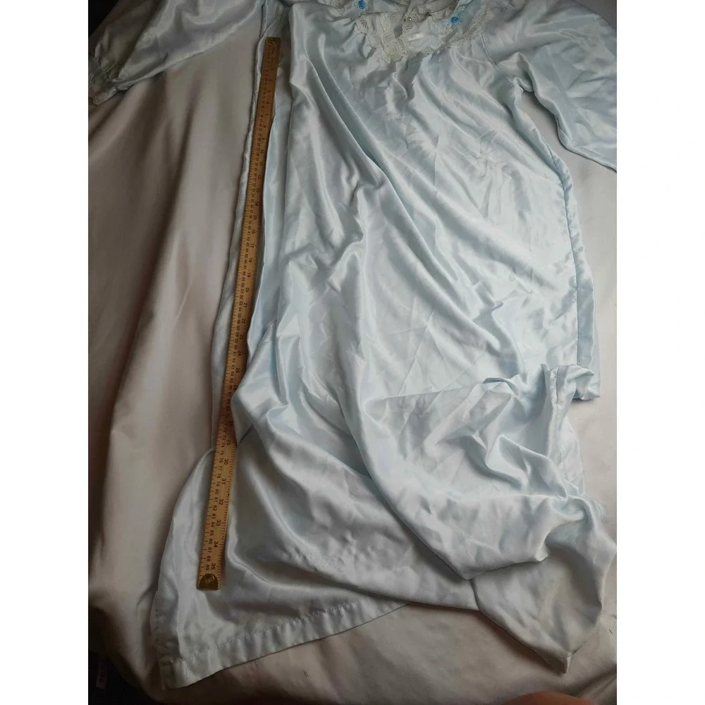 Vintage Barbizon Light Blue Satin Nightgown Lace Floral Embroidery Long Sleeve M